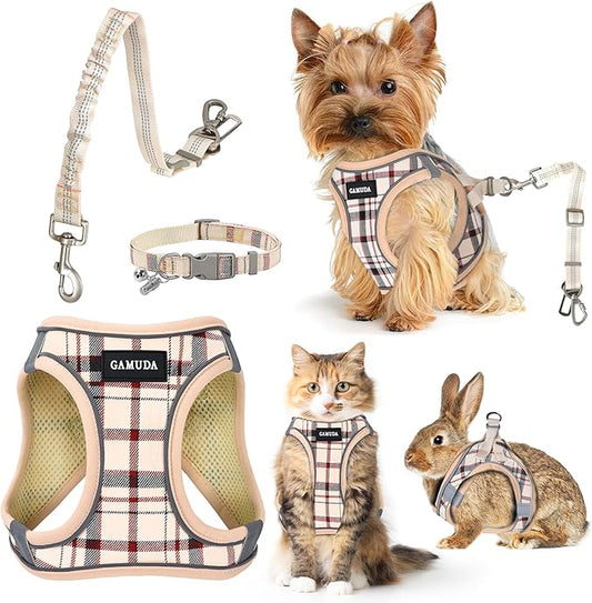 GAMUDA Dog Harness, Collar and Seat Belt Set, Vehicle Safety Harness, Retractable Adjustable Pet Seatbelts with Travel Strap and Carabiner for Most Cars (Beige, XXS)
