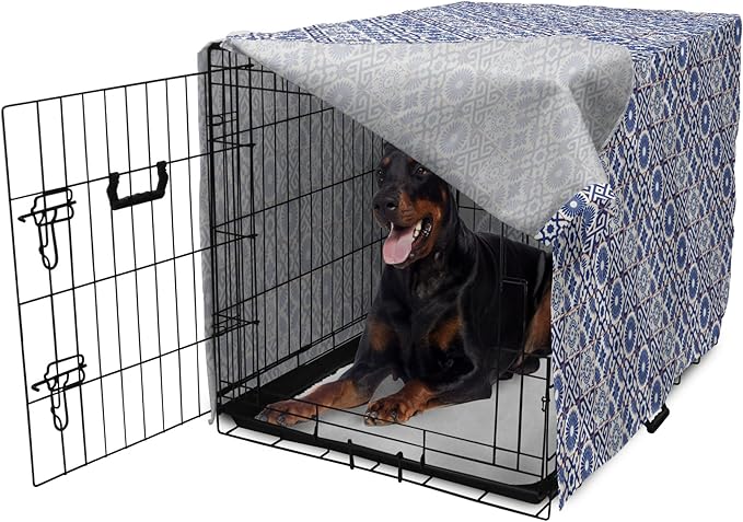 Lunarable Geometric Dog Crate Cover, Azulejo Tile Motifs Portuguese Ceramic Pattern European Art, Easy to Use Pet Kennel Cover for Medium Large Dogs, 42 Inch, Burnt Sienna Royal Blue