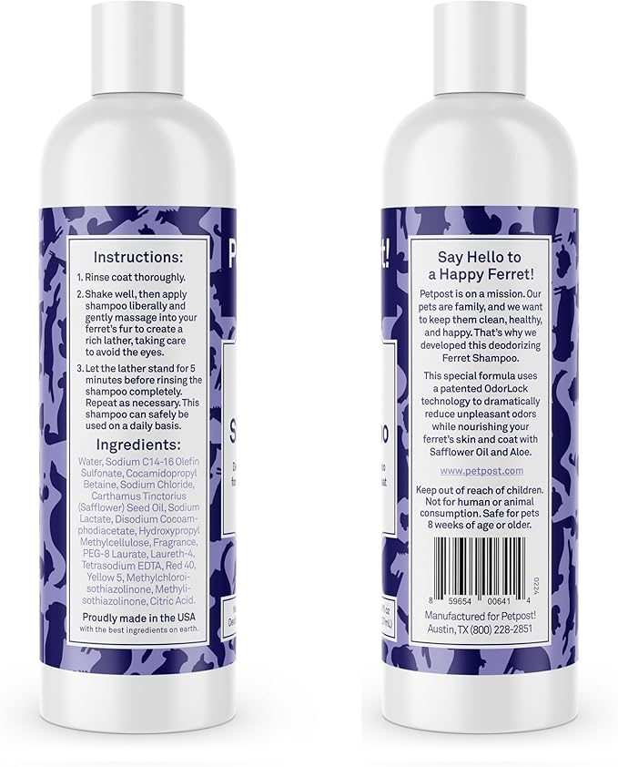 Petpost | Ferret Shampoo - Powerful Deodorizing Shampoo for Ferrets and Small Animals - Naturally Effective Healthy Skin & Coat Formula (8 oz., Shampoo)