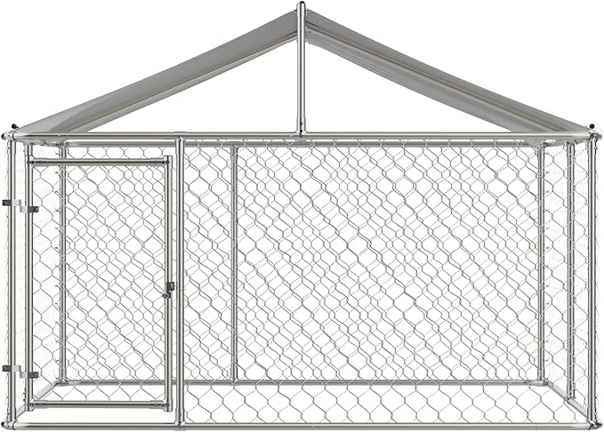 Large Outdoor Dog Kennel, Heavy Duty Galvanized Steel Dog Enclosure, Chicken Coop w/Waterproof UV-Resistant Cover, Lockable Door Chain Link for Small & Large Pets, Backyard (118" L x 118" W x 71" H)