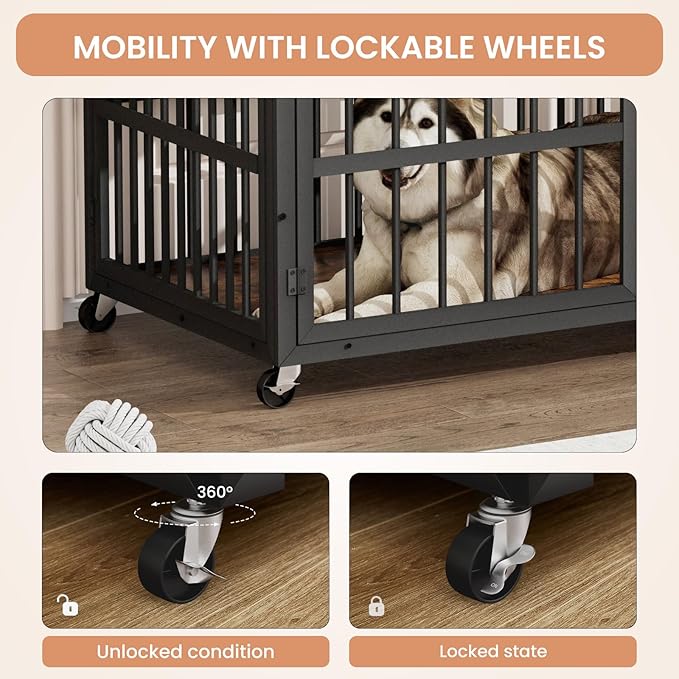 KEIKI Dog Crate Furniture, 43.3" Iron Dog Crate on Wheels with Side Openings, Double-Door Dog House for Small/Medium/Large Dog, Rustic Brown