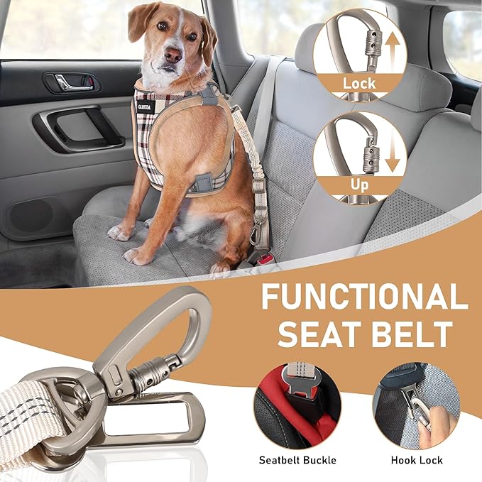 GAMUDA Dog Harness, Collar and Seat Belt Set, Vehicle Safety Harness, Retractable Adjustable Pet Seatbelts with Travel Strap and Carabiner for Most Cars (Beige, XS)