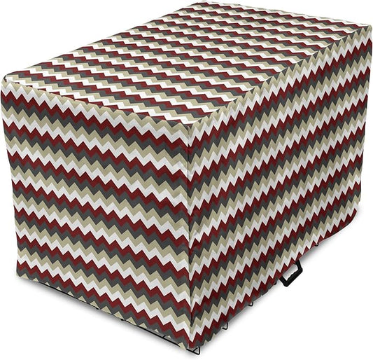 Lunarable Chevron Dog Crate Cover, Chevron Pattern with Vivid Color Scheme Stripes Design Modern Geometric, Easy to Use Pet Kennel Cover for Medium Large Dogs, 48 Inch, Burgundy Grey Eggshell