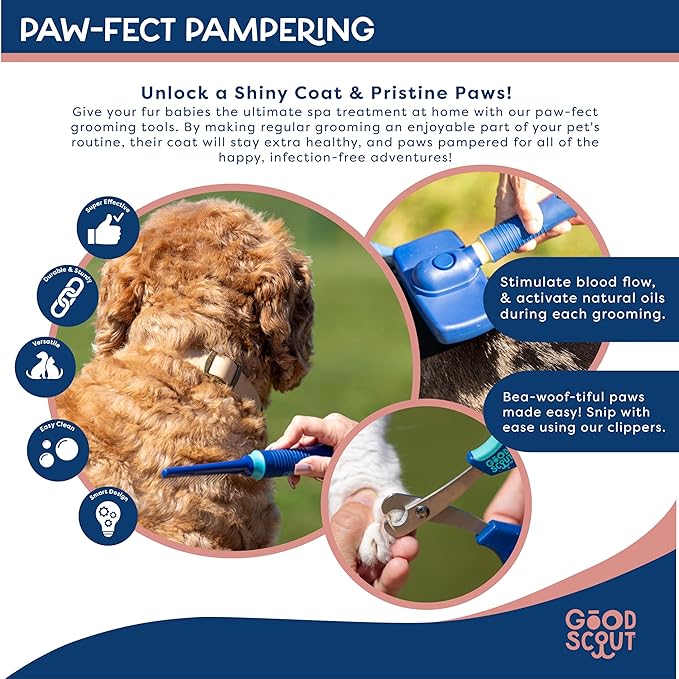 Good Scout 3-Piece Grooming & Deshedding Set with Pet Comb, Self-Cleaning Slicker Brush & Pet Nail Clippers, Best Deshedding Tool for Long or Short Haired Dogs & Cats, Gentle & Safe Grooming Tool