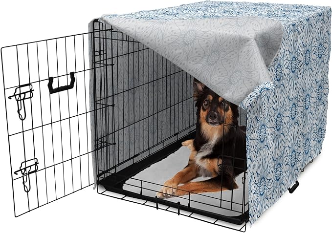 Ambesonne Blue and White Dog Crate Cover, Dutch Tile Design with Large Flowers and Detailed Petals Antique Ethnic, Easy to Use Pet Kennel Cover for Medium Large Dogs, 36 Inch, White Blue