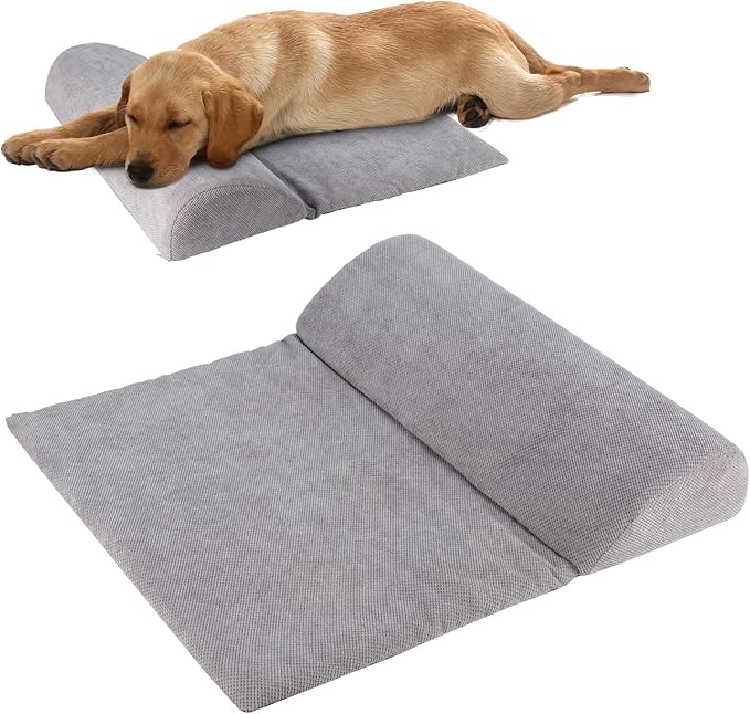 Dog Bolster Pillow with High Resilience Foam, Headrest for Large Dogs, Benefit for Cervical Vertebra and Neck, Easy to Carry, Machine Washable Cover＆Easy to Clean(Grey)