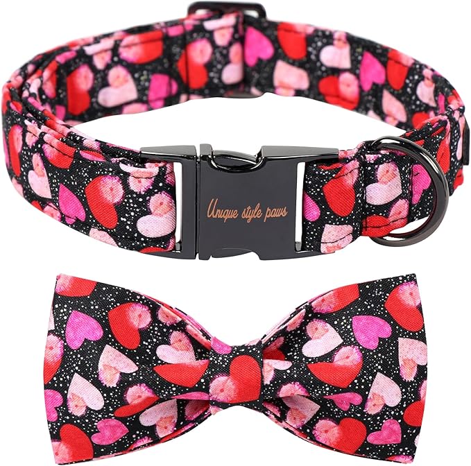 Unique Style Paws Valentine's Day Dog Collar with Bow Colorful Heart Love Dog Collars for Small Medium Large Dog New (L, Black Bow)