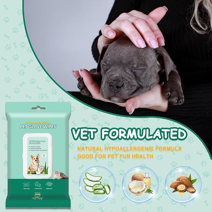 Pet Cleaning and Deodorizing Bathing Grooming Glove Wipes for Dogs and Cats, Extra Thick Nourish Fur No-Rinse Grooming Wipes for Daily Care and Travel, Hypoallergenic, 30 pcs