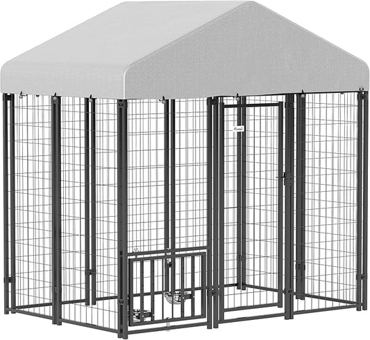 PawHut 5.9' x 4' x 6' Outdoor Dog Kennel, Welded Wire Heavy Duty Dog Run with 360° Rotating & 4 Level Adjustable Bowls, Dog Kennel Outside with Waterproof & UV Resistant Cover, for S&M Dogs