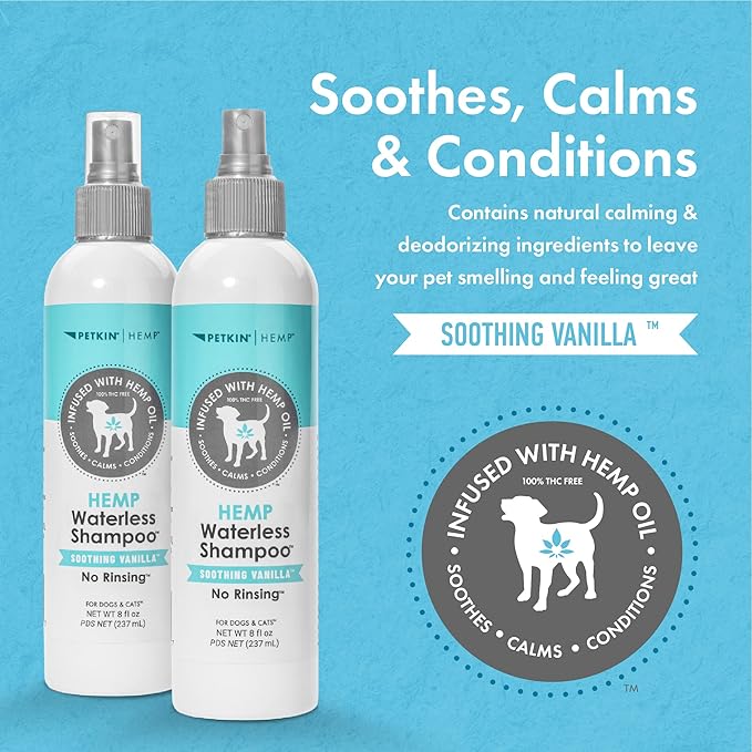 Petkin Hemp Waterless Dog Shampoo Spray – with Hemp Oil & Soothing Vanilla Extract, 8 fl oz – for Cats and Dogs – Soothes, Calms & Conditions, Keeps Pet Smelling Great – for Home and Travel