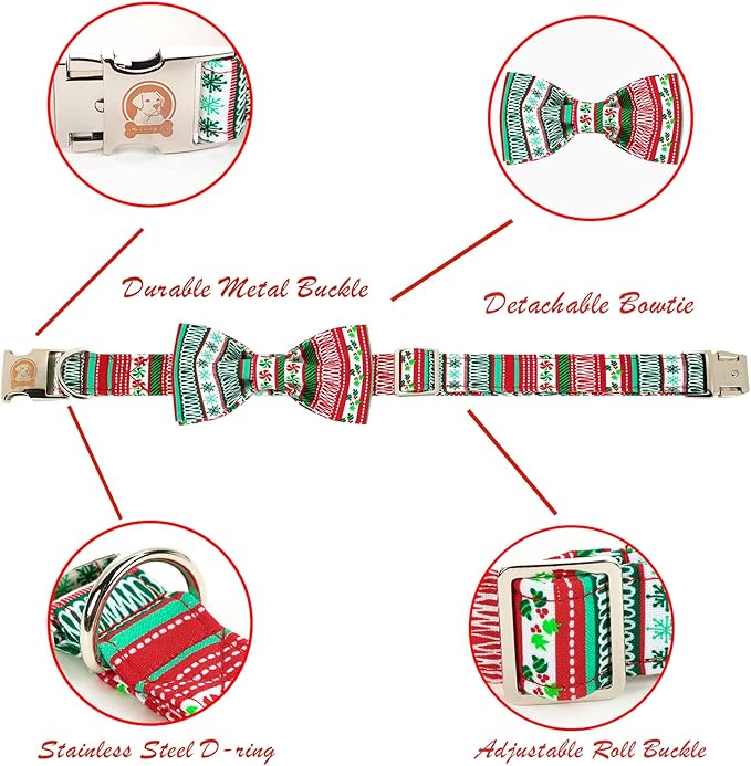 MR. CHUBBYFACE Christmas Plaid Dog Collar for Boy Girl Dogs Adjustable Red Green Dog Collar Bowtie for Small Medium Large Dogs
