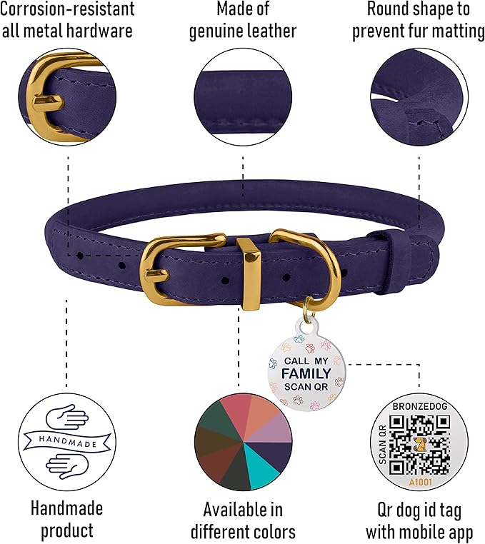 BRONZEDOG Rolled Leather Dog Collar with QR ID Tag Adjustable Soft Round Collars for Small Medium Large Dogs Puppy Cat (7" - 10" Neck Size, Violet)