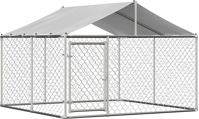 Large Outdoor Dog Kennel, Heavy Duty Galvanized Steel Dog Enclosure, Chicken Coop with Waterproof UV-Resistant Cover, Lockable Door Chain Link for Small & Large Pets, Backyard (90" L x 90" W x 65" H)