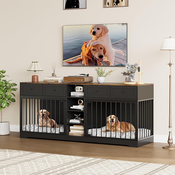 82” Double Dog Crate Furniture, Large Dog Kennel Indoor for 2 Dogs, Heavy Duty Wooden Dog Crate TV Stand with 4 Drawers and Shelves, Black