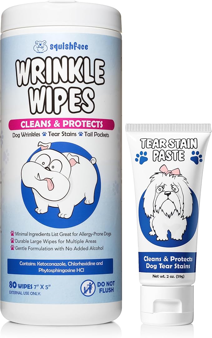 Squishface Tear Stain Paste (2oz) & 5x7 Wipes Bundle - Anti-Itch, Deodorizing, Tear Stain Remover – Great for English Bulldog, Pugs, Frenchie, Bulldogs, French Bulldogs & Any Breed