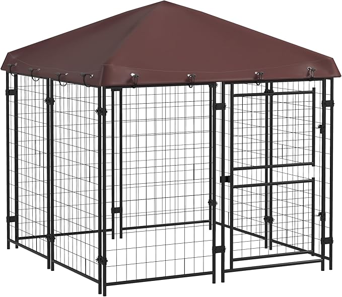 PawHut 4.6' x 5' Dog Kennel Outdoor with Waterproof Cover, Dog Playpen for Small and Medium-Sized Dogs with Two Part Door Design, Brown