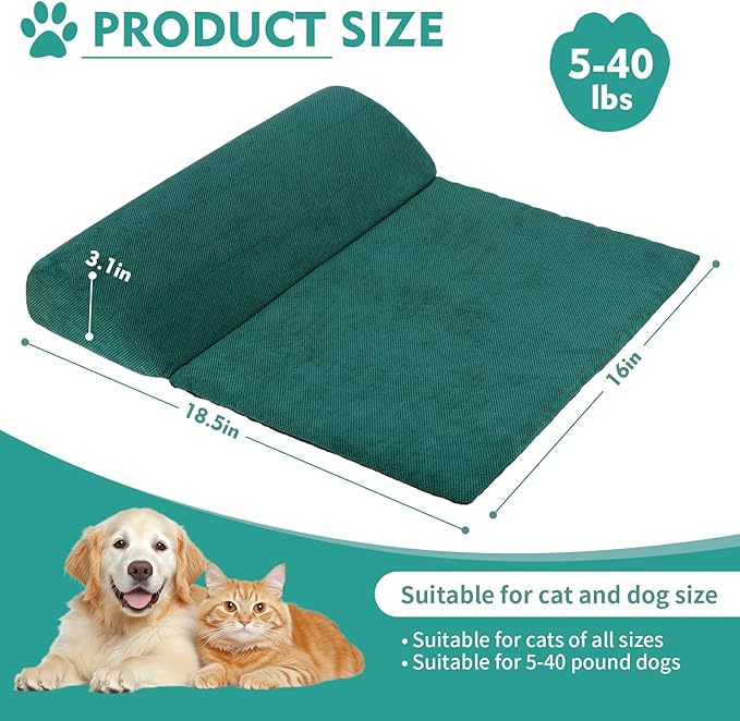 Dog Cat Bolster Pillow with High Resilience Foam, Headrest for Large Dogs, Benefit for Cervical Vertebra and Neck, Easy to Carry, Machine Washable Cover＆Easy to Clean(Green)