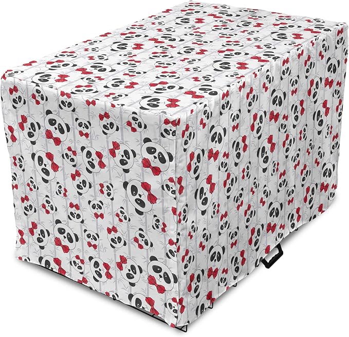 Lunarable Panda Dog Crate Cover, Funny Pattern of Asian Bear Animal in Romantic Bow Tie Cartoon Design, Easy to Use Pet Kennel Cover for Medium Large Dogs, 18 Inch, Pale Grey Black and Red