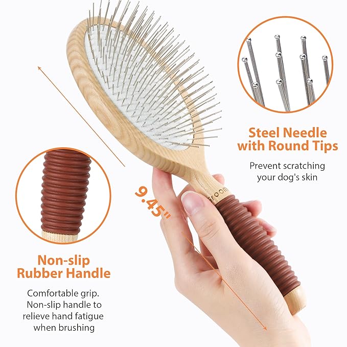 Dog Brush, Pin Brush for Dogs, 27mm Extra Long Pin Brush, Dog Grooming Brush for Shedding, Dog Brush for Long Haired Dogs - Ash Wood Material, Non-Slip Rubber Handle, Round-Tipped Pins