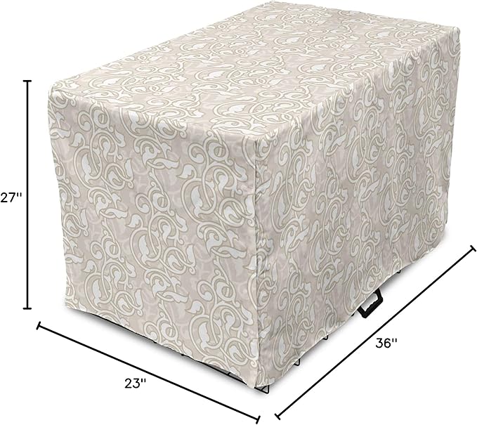 Lunarable Cream Dog Crate Cover, Oriental Motifs with Antique Damask Inspired Design Retro Revival Swirls, Easy to Use Pet Kennel Cover for Medium Large Dogs, 36 Inch, Beige White