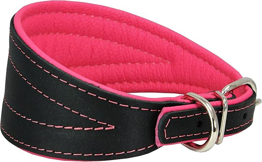 Real Leather Extra Wide Padded Tapered Dog Collar Glossy Black Greyhound Saluki Deerhound Lurcher Whippet Dachshund (13.25"-15.25" Neck; 2.5" Wide, Pink)