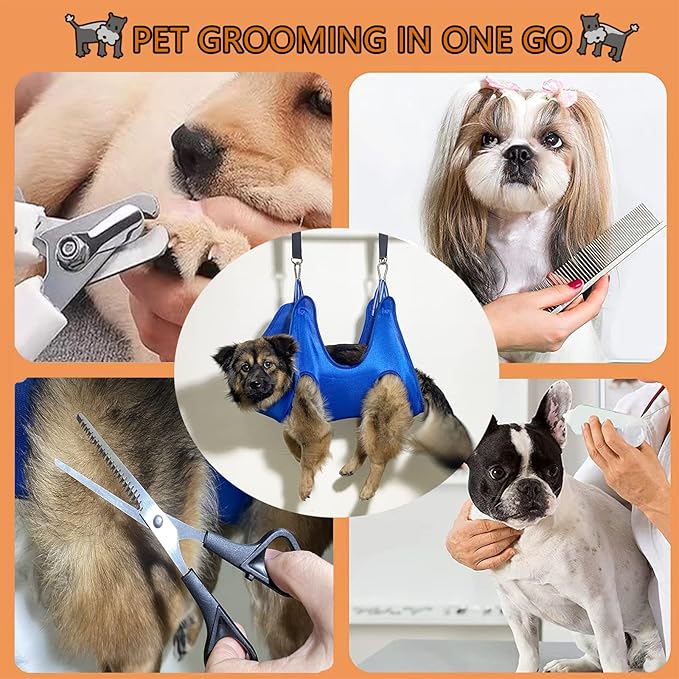 BLUECOW Pet Grooming Set, 12 in 1 Nail Trimming Hammock for Dogs Cats, Restraint Bag Including Nail Clipper, Trimmer, Scissors, Nail File and Comb