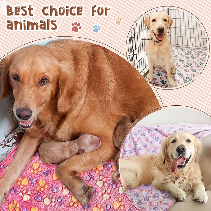 Tatuo 4 Pcs Dog Blanket Pet Puppy Blanket Puppy Teething Toys Paw Print Fleece Blanket for Pet Cat Soft Warm Sleep Mat Guinea Pig Cage Blanket(XXX-Large(51 x 63 Inch),White, Coffee, Pink, Purple)