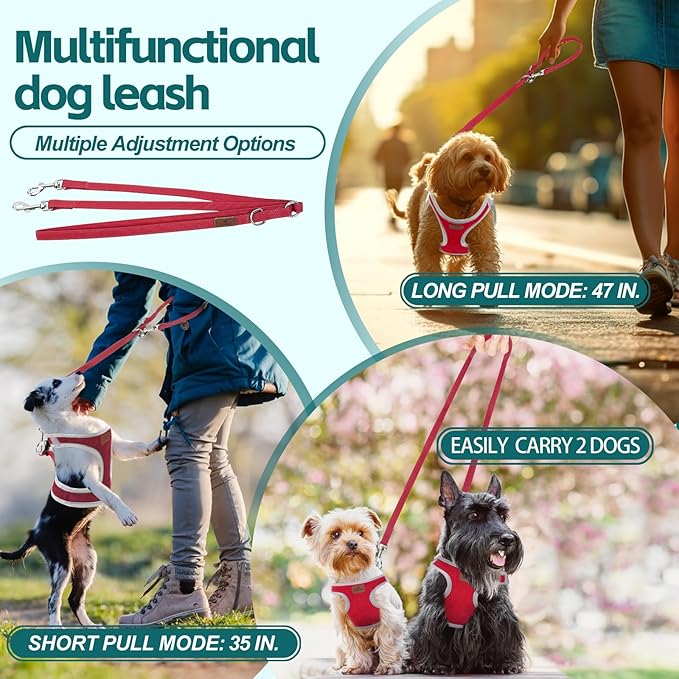 Dog Harness with Multifunction Dog Leash,No Pull Reflective Step-in Harness for Soft Adjustable No Choke Escape Proof,Easy Walk Dog Harness for Medium Dogs (Red &Grey, M)