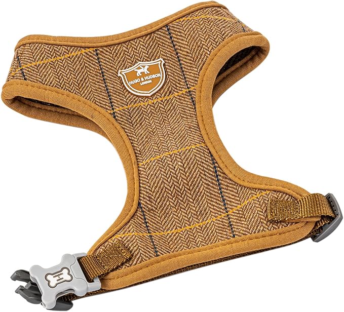 HUGO & HUDSON Dog Harness, No-Pull Anti Choke Tweed Harness Vest, Caramel Checkered Herringbone, L