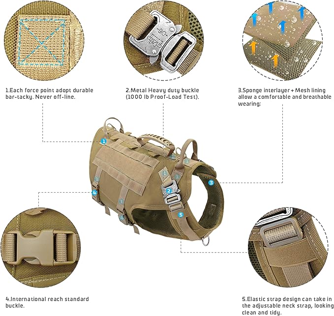 PET ARTIST Tactical Dog Harness for Hiking Training, No Pull Vest Harness for Medium Large Dogs, with Pouches and Patches Coyote Brown, XL