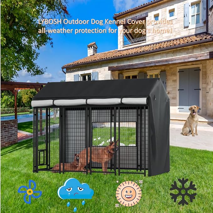 Outdoor Dog Kennel Cover - 8.1'D x 4.1'W x 6'H. All-weather waterproof protection for multiple brands of kennels of the same size, Black