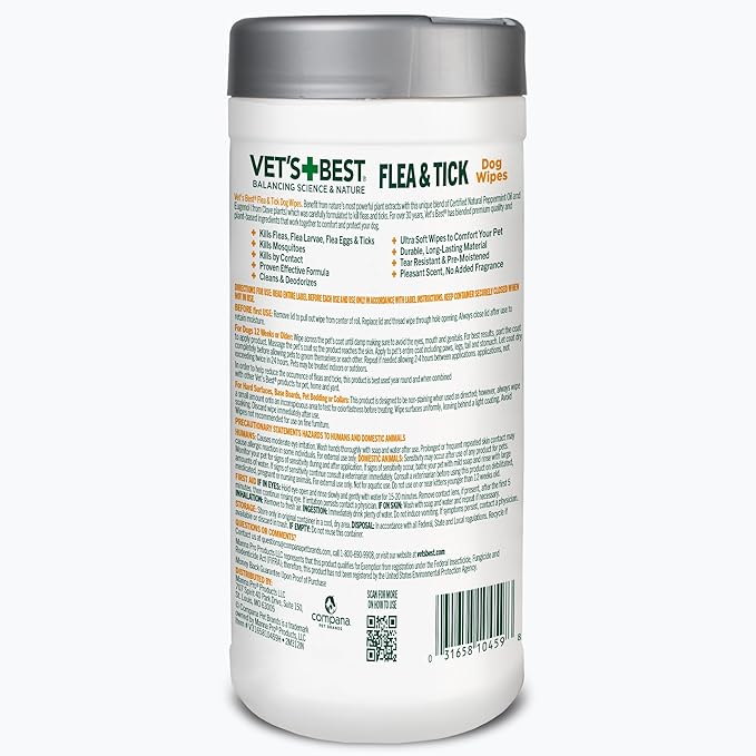 Vet's Best Flea and Tick Wipes for Dogs, Dog Wipes for Kennel, Flea and Tick Prevention, Plant-Based Formula, Pet Essentials, Made in USA, Certified Natural Oils, 50 ct