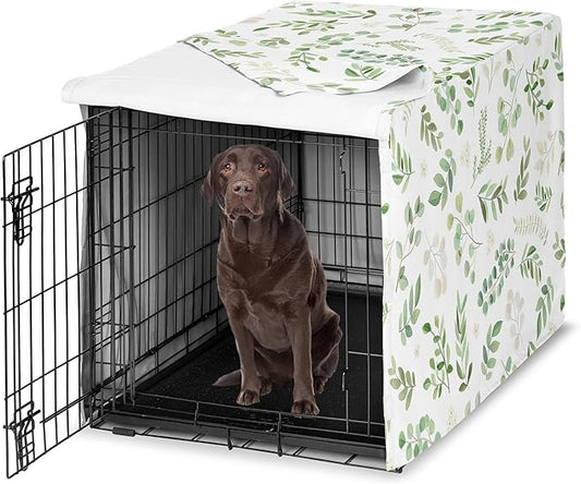 Sweet Jojo Designs Green Boho Floral Leaf Dog Crate Cover – Kennel Covers for 42 Inch Pet Cage Medium/Large - Neutral Sage White Bohemian Watercolor Botanical Flower Woodland Tropical Garden Nature