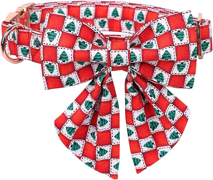 MR. CHUBBYFACE Christmas Dog Collar with Bow,Adjustable Red Square Cotton Dog Collar, Durable Dog Collar with Metal Buclke, Cute Christmas Collars for Puppy Small Medium Large Dogs