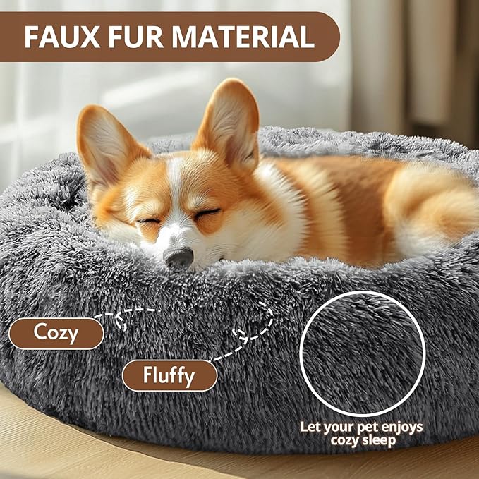JOLLYVOGUE Dog Bed Cat Bed, Anti-Anxiety Small Dog Bed, Calming Donut Dog Bed for Puppy Bed, Fluffy Dog Beds for Small Medium Dogs, Washable Round Puppy Bed for Indoor Pet (24"/Smoke Black