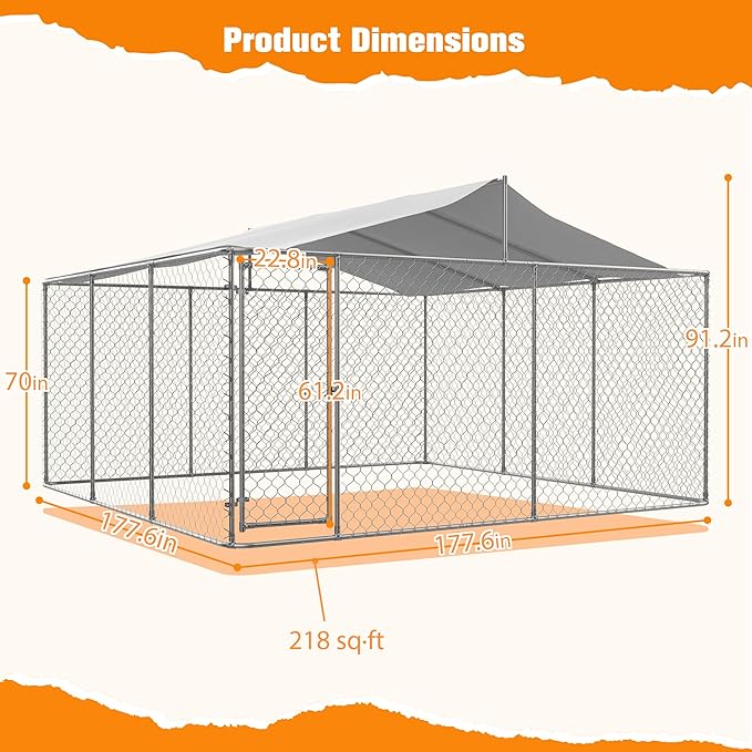 Large Outdoor Dog Kennel, Heavy Duty Galvanized Steel Dog Enclosure, Chicken Coop w/ Waterproof UV-Resistant Cover, Lockable Door Chain Link for Small & Large Pets, Backyard-177.6"L x 177.6"W x 91.2"H