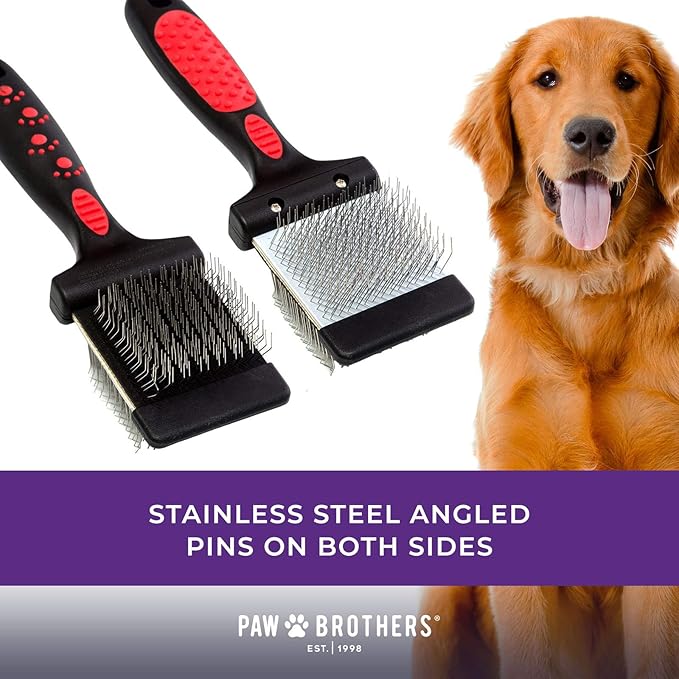 Ryan's Pet Supplies Paw Brothers Double Sided Soft Flex Slicker Brush, Professional Grade, Angled Stainless Steel Pins, Comfort Grip, Flexible Head, Small, 2 in. x 2.5 in.