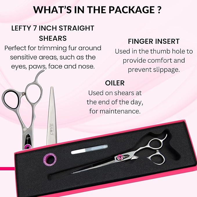 Kenchii Left Handed Dog Grooming Scissors | 7 Inch Shears | Straight Scissors for Dog Grooming | Love Collection Dog Shears | Pet Grooming Accessories | Pet Hair Trimming Scissor