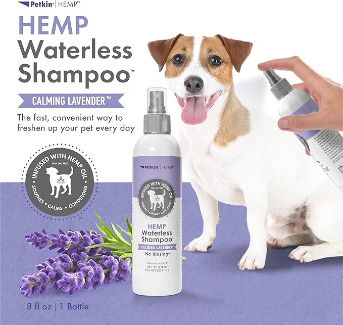 Petkin Hemp Waterless Dog Shampoo Spray – with Hemp Oil & Calming Lavender Extract, 8 fl oz – for Cats and Dogs – Soothes, Calms & Conditions, Keeps Pet Smelling Great – for Home and Travel