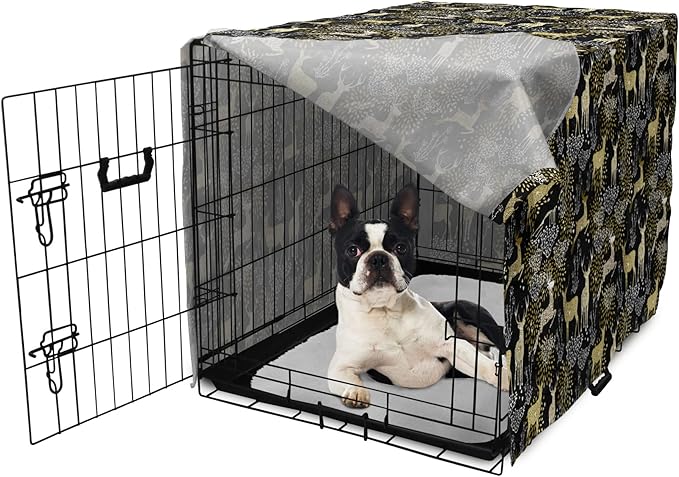 Ambesonne Christmas Dog Crate Cover, Nature Woodland and Deer Silhouettes with Oriental Ornaments Design, Easy to Use Pet Kennel Cover for Small Dogs Puppies Kittens, 22 Inch, Yellow White Black