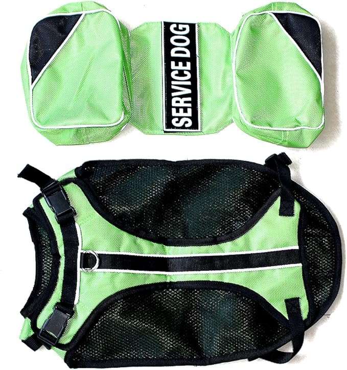Service Dog Harness, Saddle Bag Backpack Carrier Outdoor Travel Hiking Camping Harness, Removable Saddle Bags and Patches (Green, M Girth 20-24")