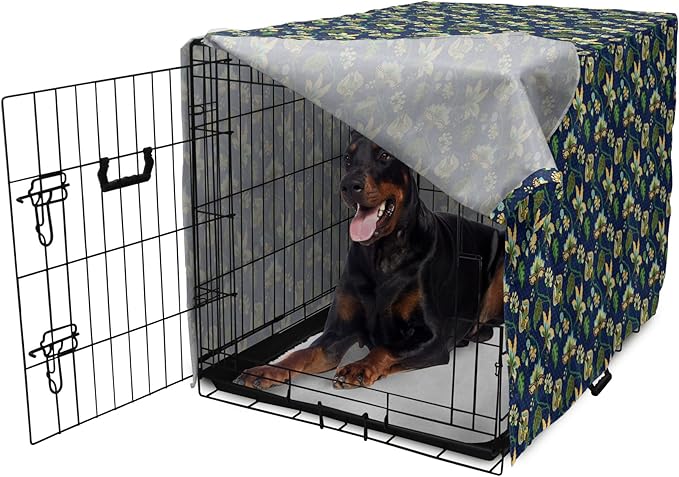 Lunarable Jacobean Dog Crate Cover, Triangles with Floral Pattern Stalks Leaves Flowers Whimsical Nature, Easy to Use Pet Kennel Cover for Medium Large Dogs, 42 Inch, Dark Blue Green Mustard