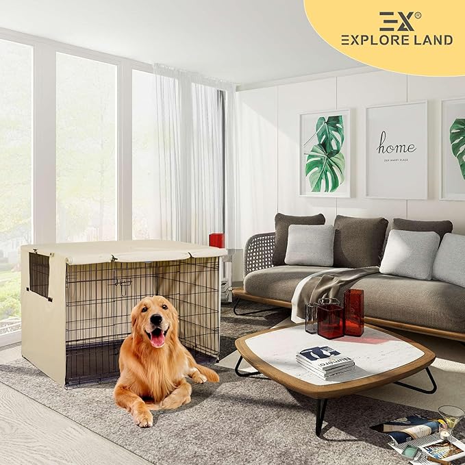 Explore Land 42 inches Dog Crate Cover Heavy Duty Polyester Pet Kennel Sunshade Universal Fit for Wire Cage (Light Tan)