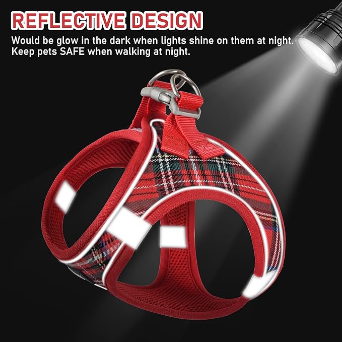 GAMUDA Small Dog Harness Collar and Leash Set, Step in No Chock No Pull Soft Mesh Adjustable Dog Vest Harnesses Plaid Reflective for Dogs Puppy Cats Kitten Rabbit (Red, XXXS)