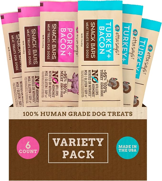 etta says! Variety Pack Snack Bars - Pork + Bacon - Turkey + Bacon - Premium All Natural Meat Treats for Dogs - Human Grade - Made in The USA (6 Count Pack of 1)