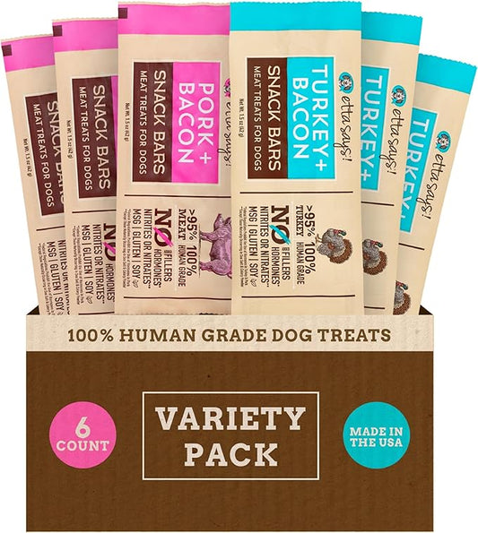 etta says! Variety Pack Snack Bars - Pork + Bacon - Turkey + Bacon - Premium All Natural Meat Treats for Dogs - Human Grade - Made in The USA (6 Count Pack of 1)