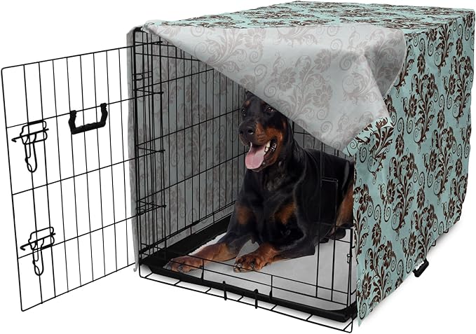 Ambesonne Art Nouveau Dog Crate Cover, Vintage Swirls Vibrant Foliage Damask Style Classic Renaissance, Easy to Use Pet Kennel Cover for Medium Large Dogs, 42 Inch, Seal Brown and Pale Blue
