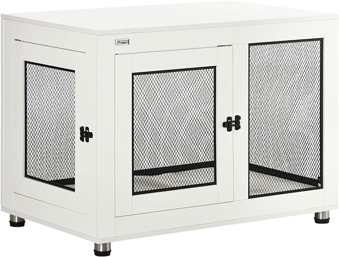 PawHut Dog Crate Furniture, 37" Dog Kennel Furniture with Water-Resistant Cushion, Double Doors for Large Dogs, Dog Crate End Table for Indoor Use, White