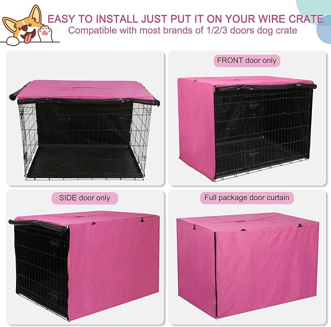 HiCaptain Dog Crate Cover for 42 Inches Crate Cage, Polyester Pet Kennel Covers Fit for 1 2 3 Doors Standard Metal Crate - (Pink 42 Inch)