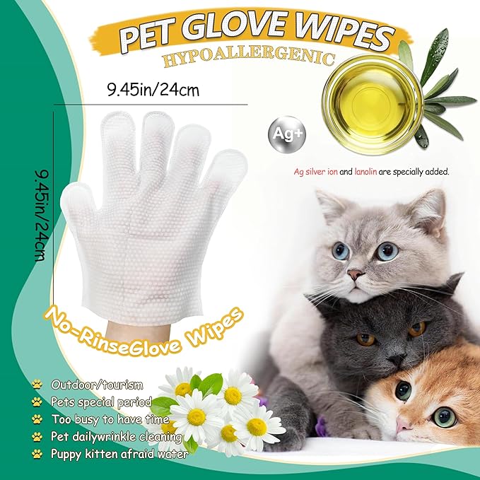 40PCS Pet Cleaning and Deodorizing Grooming Glove Wipes for Dogs and Cats, Extra Thick Nourish Fur No-Rinse Grooming Wipes for Daily Care and Travel, Hypoallergenic